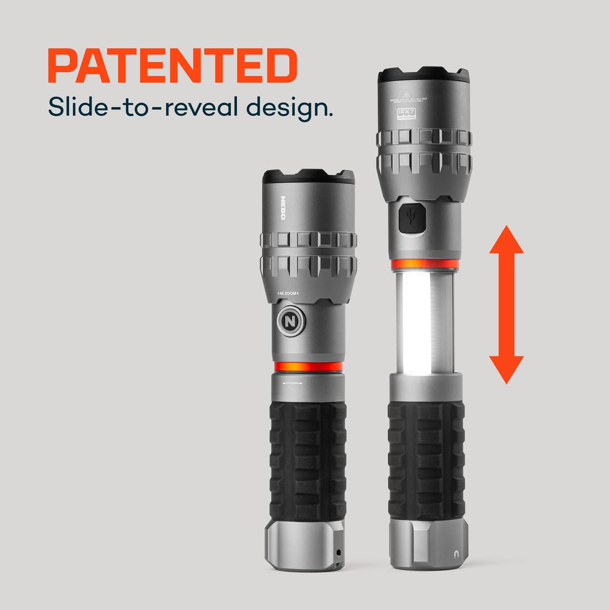 NEBO Slyde King 4K, 4000 Lumen LED Flashlight & 1000 Lumen Worklight-Gray
