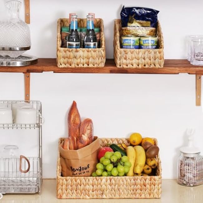 Wicker Baskets for Organizing,Pantry Baskets with Handles, Handwoven Wicker Storage Basket, Water Hyacinth Storage Bins for Shelves, Bohe Deco 3 Pack,Natural