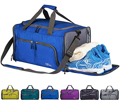CoCoMall Foldable Sports Gym Bag with Shoes Compartment & Wet Pocket, Lightweight Travel Duffel Bag (Blue)