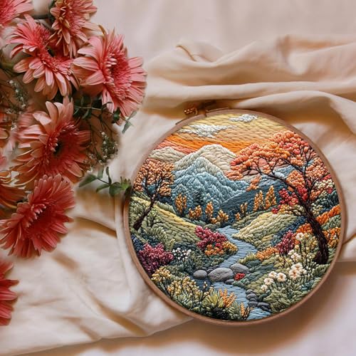 Image of FONNUY Embroidery Kit for Beginners, Boho Nature Landscape Pre-Stamped Pattern Kits for Adults with Hoop, Easy to Follow Color Thread Needlework, 8'' Hoop (Mountain Stream)