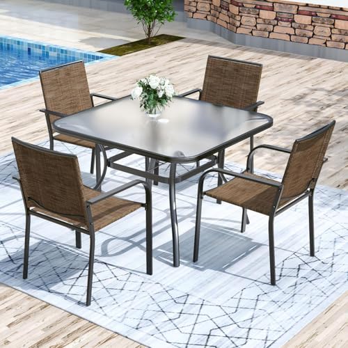 Image of Anmutig 5-Piece Outdoor Patio Dining Set 37-Inch Square Glass Table with 4 Stackable Chairs for Lawn Backyard and Deck, Brown