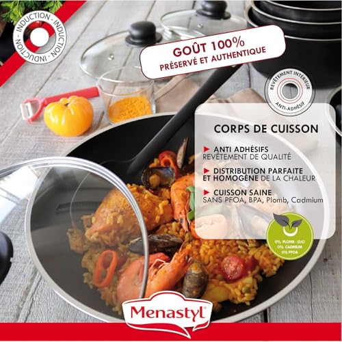 MENASTYL - Batterie de cuisine amovible 8 pièces antiadhésives tous feux dont induction et lave-vaisselle – Lot de 3 poêles 20/24/28 cm + 3 casseroles 16/18/20 cm + 2 poignées amovibles sécurisées – Image 4