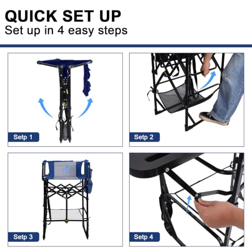 Image of Romswi 2Pcs Extra Tall Portable 30 inch Seat Height Folding Camping Chair Directors Chair High Foldable Bar Stool with Side Table for Makeup Artist, Sports Event, Craft Show, Supports 400LBS,Blue