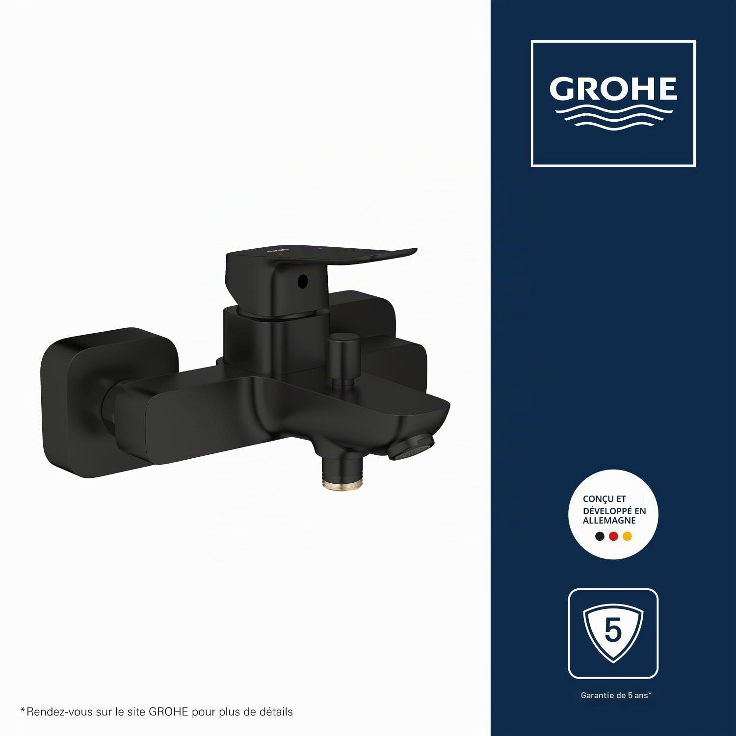 GROHE Dice Mitigeur Bain/Douche avec inverseur automatique (Montage mural apparent, Cartouche céramique 35 mm, Clapet anti-retour intégré, Bec avec mousseur), Noir Mat, 1018722430
