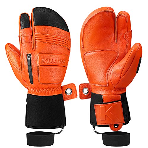 KUTOOK Genuine Leather 3-Finger Ski Mittens