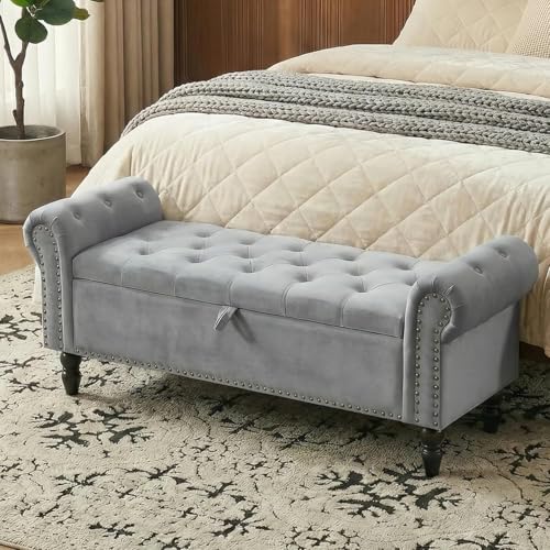 Clevich Banco con Almacenaje 133cm, Terciopelo Baul Almacenaje Dormitorio con Varilla de Elevación, Estilo de Francés, Extremo de la Cama con Tapa, Patas de Madera Maciza (Gris Claro)