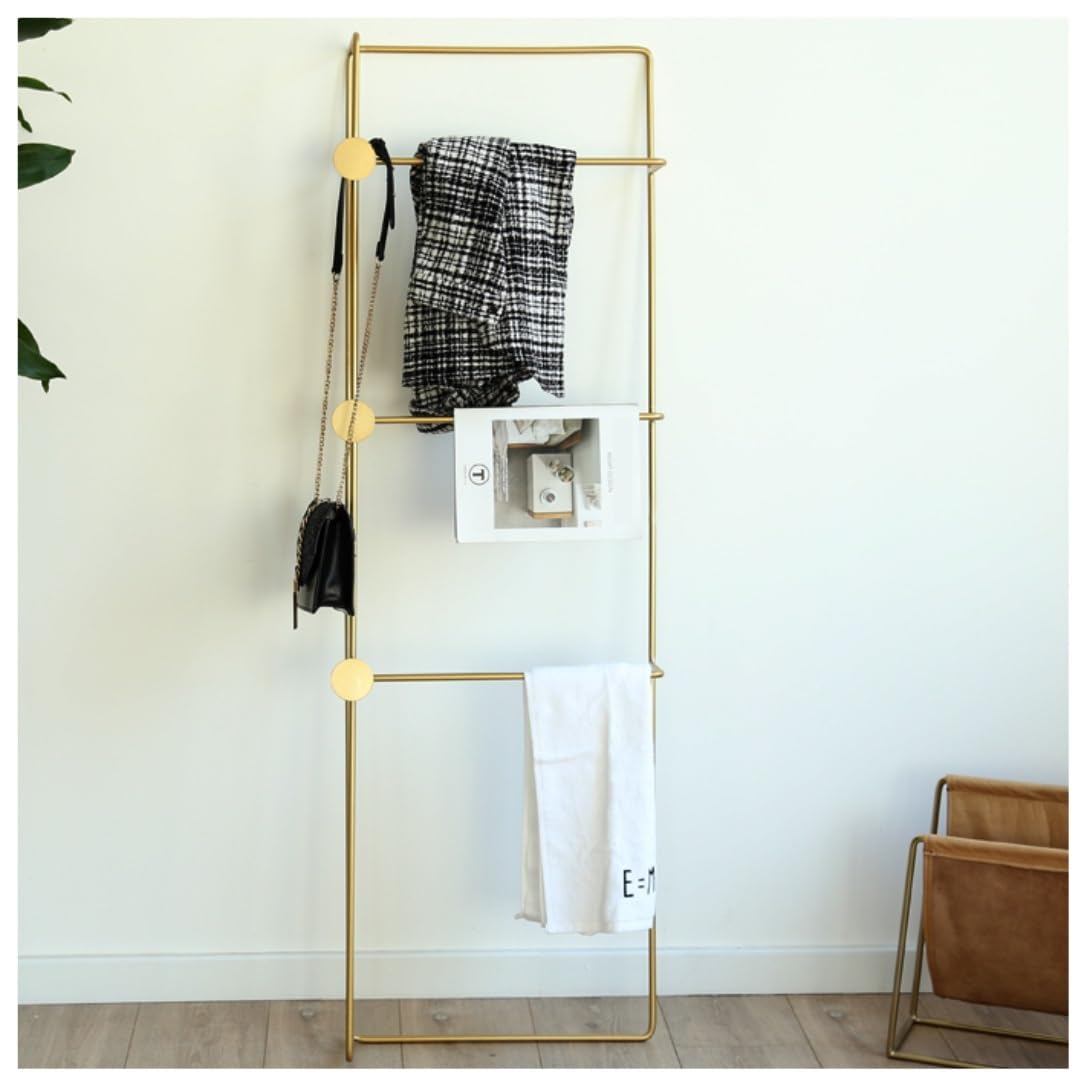 Freestanding Towel Rack Bedroom 3-Tier Blanket Ladder Wall Leaning Rack Metal Towel With 3 Hooks For Bathroom Washcloths Holder Stand(Gold)