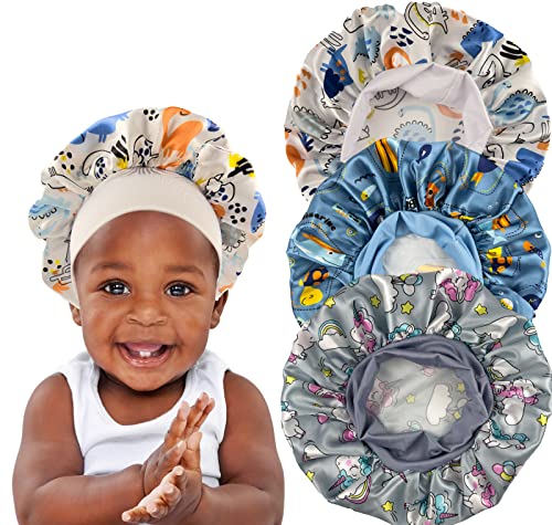 Image of 3PCS Dinasour Fish Long Sweet Satin Bonnets for Girl Boy Teens Toddler Child Baby, Large Band Hair Bonnets, Silk Sleep Braids Bonnet, StyleE