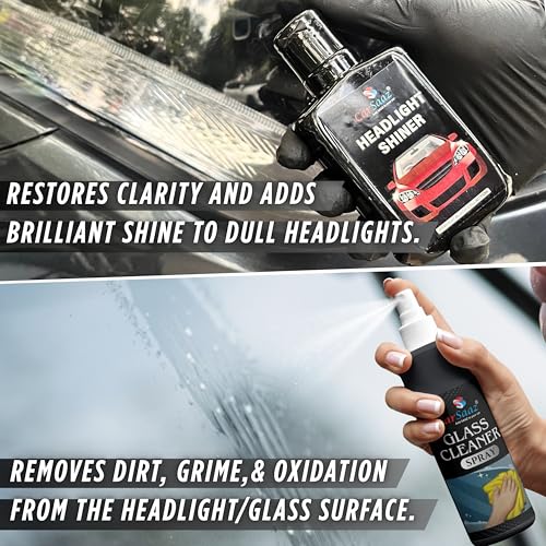 Image of CAR SAAZ Car Headlight Cleaning Kit | Headlight Shiner & Glass Cleaner Combo with Applicator Pad & Microfiber Cloth | Complete Restoration & Shining Kit for Vehicles Glass and Headlights