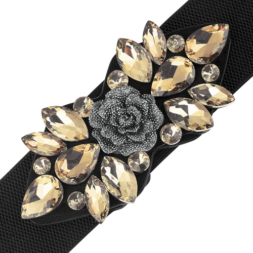 Women's Elastic Stretchy Belts, Vintage Elegant Rose Flower Rhinestone Waistband for Dress Coat2