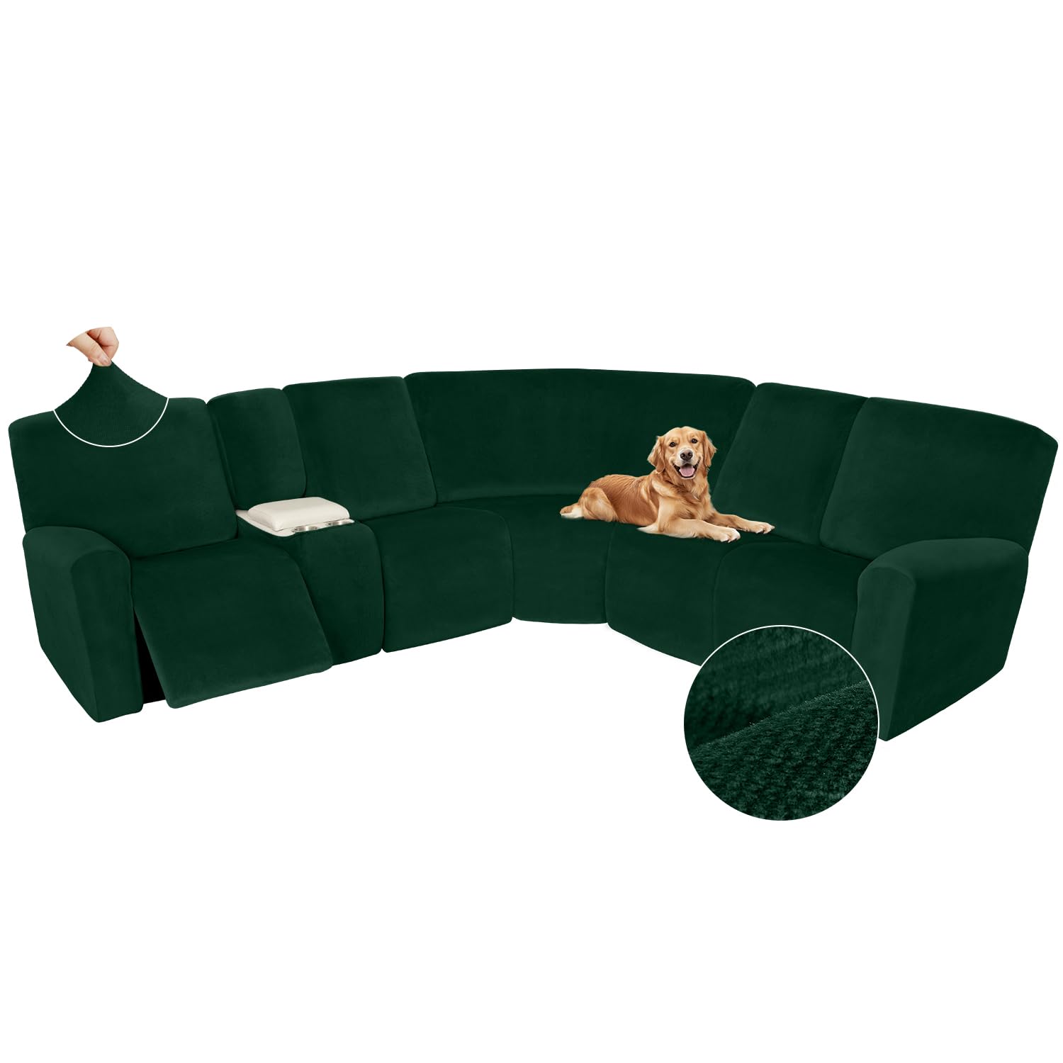 Arfntevss Sectional Recliner Couch Covers Velvet Washable Corner Sectional Sofa Cover for Reclining Stretch Thick L Shape Recliner Slipcover Set (5 Seat with 1 Console Cover, Emerald Green)