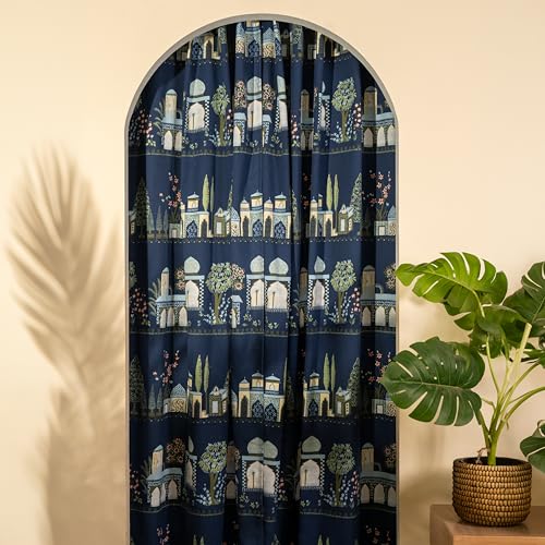 Image of Tranquebar Curtain Co. Window Curtains 5 Feet, 60-65% Room Darkening,Blue Mughal Print, Cotton Curtains for Window, Cotton Curtains 5 Feet Long Set of 2, BackTab Loops,Agra (152 cm) - Set of 2