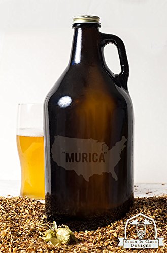 Murica Map Etched Amber Glass 64 Ounce Beer Growler Glassware Gift