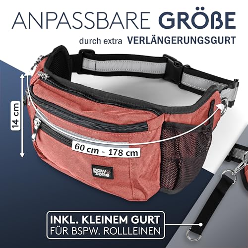 PAWZONE® Futterbeutel Hunde - Leckerlibeutel für Hunde - Bauchtasche für Hunde Zubehör - Leckerlietasche für Hunde - Inkl. Reflektorband & Zusatzgurt für Flexileine (Rostrot)