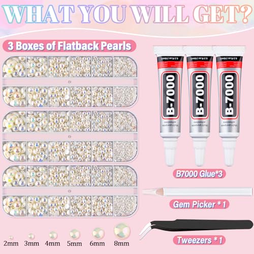 Image of Flatback Pearls for Crafting with 3Pcs 10ml B7000 Jewelry Glue, 3 Boxes of Half Round Beige AB Pearls, Bedazzling Beads for DIY Crafts Clothing Tumblers Shoes Embellishment Nail Art