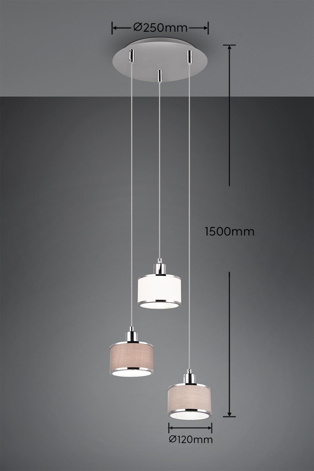 Trio Leuchten Pendelleuchte Kaprun 311630306, Metall Chrom, Schirm Stoff grau, exkl. 3x E14 |