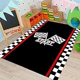 USHIRUG Rennstrecken Teppich für Kinder, 180x300cm, Teppich Mit Cartoon Autorennen, Rutschfester Kurzflorteppich Innenbereich, Weiche Spielmatte in Schwarz-Weiß für Jungenzimmer, Wohnzimmer