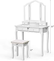 Vista 7 de Giantex Juego de tocador con espejo triple plegable y 4 cajones, tocador de maquillaje con taburete acolchado para niñas y mujeres, mesa de Blanco