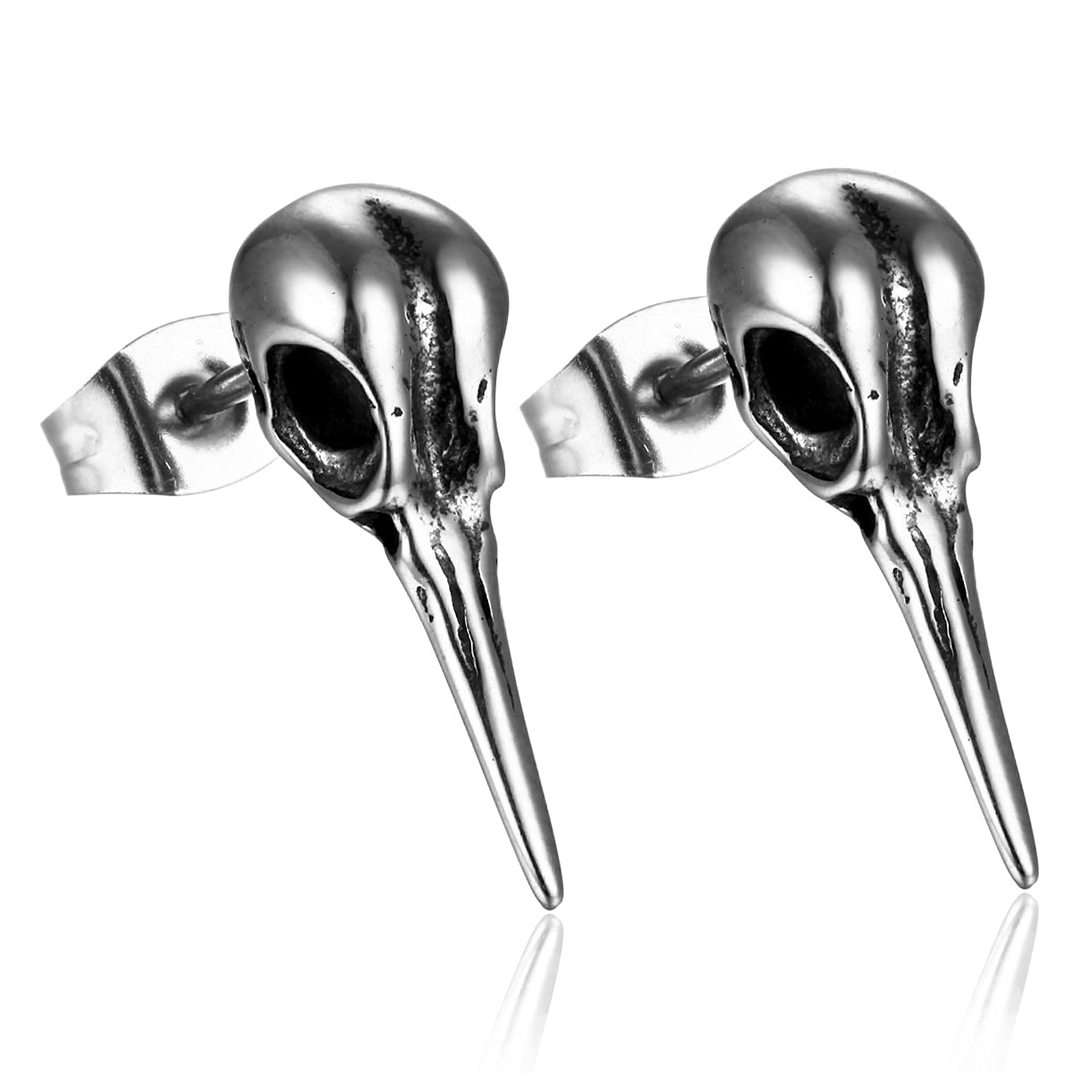 BIYONGDE Vintage Viking Crow Bird Skeleton Raven Skull Earrings Stainless Steel Antique Gothic Steampunk
