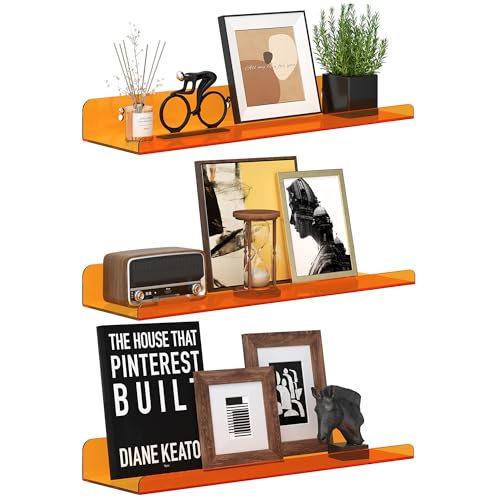 Image of Qukaka Floating Shelves for Wall Decor, 15 inch Wall Shelves for Bedroom, Living Room, Kitchen, Bathroom Decor, Nail Polish /Book /Decoration /Makeup /Perfume Organizer Floating Shelf-3Pack Clear Orange