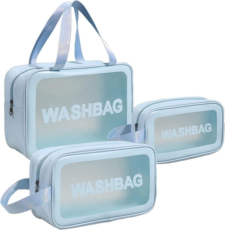 Washbag Toiletry Kit Organizer for Travel – Waterproof Cosmetic & Makeup Pouch Set of 3 (Large, Medium, Small) – Transparent Travel Wash Bag for Men & Women (Blue)-image-29