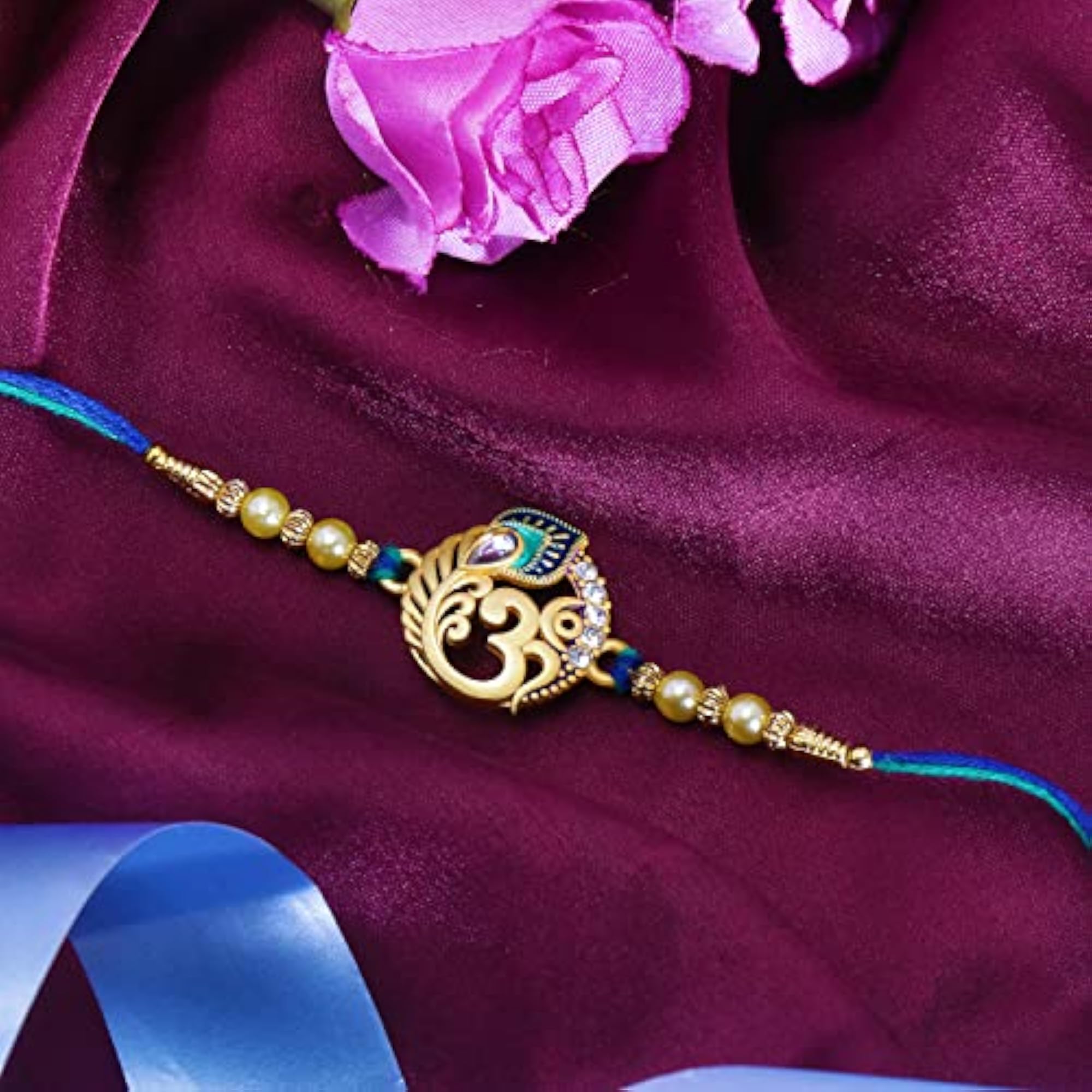 Meenakari Om and Peacock Feather Rakhi with Roli Chawal