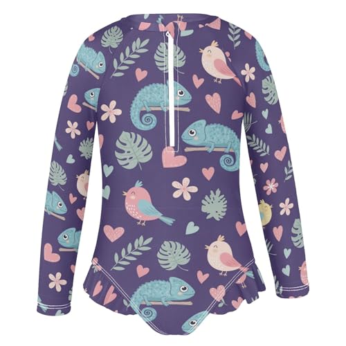 Chameleon Bird Pattern Girls Rash Guard Swimsuits Long Sleeve One Pieces Bathing Suit UPF 50+ Zipper Swimwear2