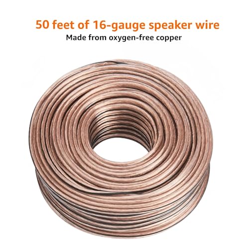 AmazonBasics 16-Gauge/AWG Speaker Wire, Oxygen-Free Copper, Two Conductors, Audio Speaker Cable for Car, Stereo, Subwoofer, Home Theatre, Hi-Fi Surround Sound (50 Feet, Copper, Transparent) 4 51kIBDy qGL