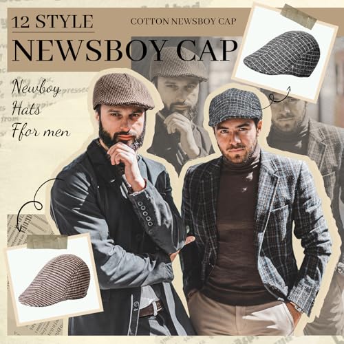 Image of Newcotte Newsboy Cap for Men Classic Herringbone Tweed Flat Cap Irish Beret Hat for Cabbie Driving Hunting