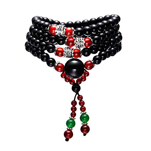 Obsidian 6mm Multi-couche Winding Collier Tibétain Bouddhiste Pendentif Bracelet 108 Perles