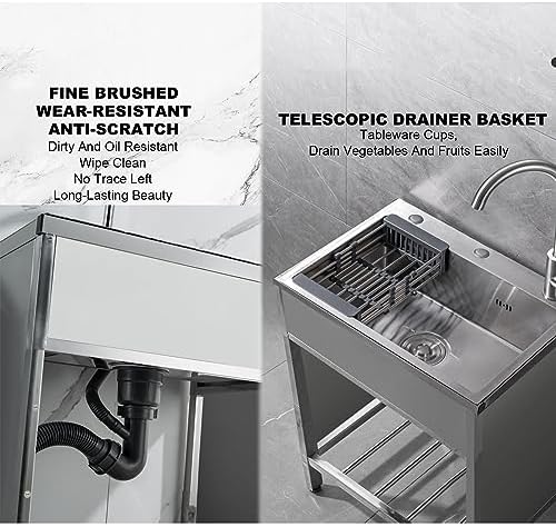Freestanding Utility Sink,Outdoor Sink Set,Freestanding Kitchen Sink Laundry Utility Sink Stainless Steel Single Bowl Basin with Cold and Hot Water Pipe Fau(Round Faucet-50x40x75cm