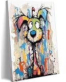 Colorful Graffiti Cartoon Dog Canvas Wall Art Abstract Doodle Animals Wall Decor Picture Vibrant Playful and Fun Cartoon Style Puppy Poster Printing for Living Room Bedroom Artwork Home Decoration