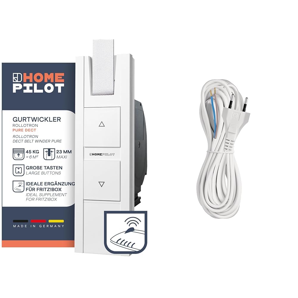 HOMEPILOT RolloTron pure DECT Gurtwickler - elektrischer Rollladenantrieb mit Funk & EMOS Euro-Zuleitung 5m, Netzkabel, Anschlusskabel, Verbindungskabel