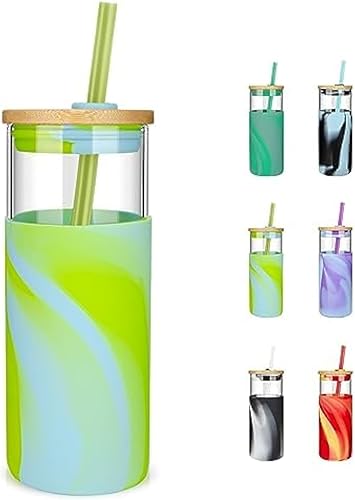 Miniatura 37 de Tronco - Vaso de vidrio de 20 onzas con tapa de bambú y pajilla, vaso para licuado de frutas con funda de silicona, sin bisfenol A, apto para