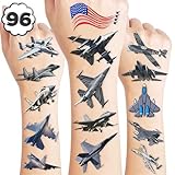 96PCS Jet Temporary Tattoos Pre-Cut Fighter Jet Birthday Party Decorations Party Favors Supplies Aircraft Plane Airplane Military Tattoos Stickers for Kids Boys Girls Gifts (Normal)