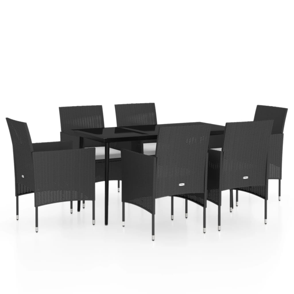 7-TLG. Set da pranzo da giardino nero con cuscino, in rattan PE impermeabile, telaio in acciaio, tavolo da pranzo e 6 comode sedie per terrazza, balcone