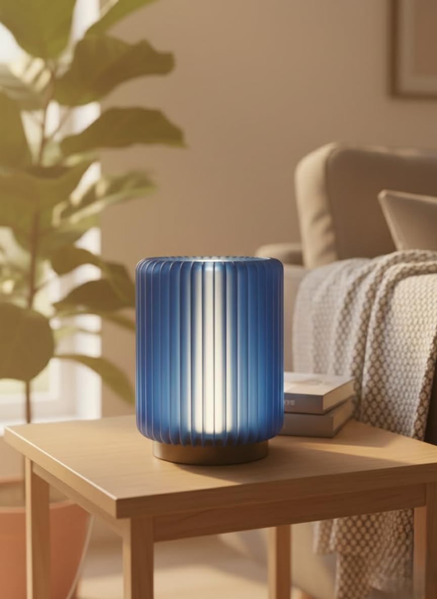 Blue Ribbed Glass Table Lamp with Gold Base, Modern Cylindrical Bedside Lamp, Ambient Mood Lighting, 17cm Height, Contemporary Home Décor-image-34