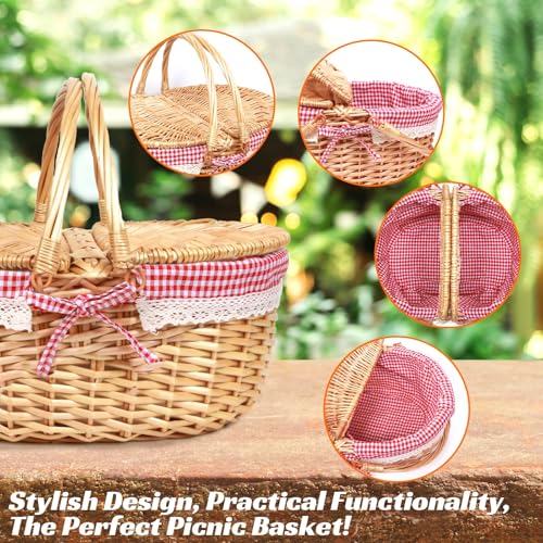 Cesta de Picnic de Mimbre Estilo Campestre con Tapa Ovalada y Forro Rojo, Asa Resistente y Forro Extraíble, Cesta de Almacenamiento para Picnic, Fiestas, Barbacoas y Camping DecoracióN del