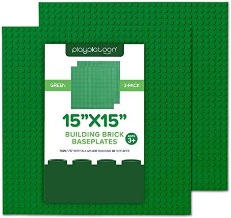 Play Platoon 15 Inch x 15 Inch Baseplate for Building Bricks - Extra Large Landscape for Building Blocks - Green Classic Platform Baseplates Compatible with All Major Brands, 2 Pack