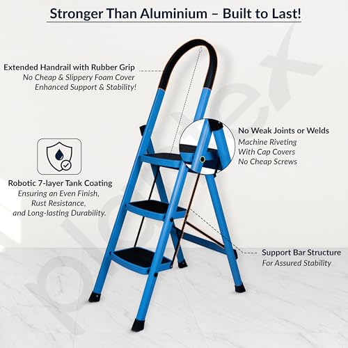 Image of Plantex Premium 3 Step Steel Ladder for Home /Heavy Duty Foldable Stool with Wide Anti-Skid Steps /Portable Multipurpose Ladder /5 Year Warranty (Blue & Black)
