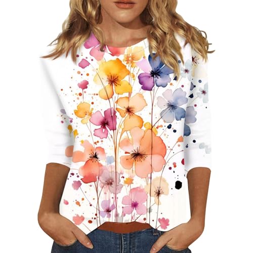 HTHLVMD Womens 3/4 Length Sleeve Tops 2025 Fall Fashion Floral Print Crewneck Causal Trendy Tunic Tops for Women