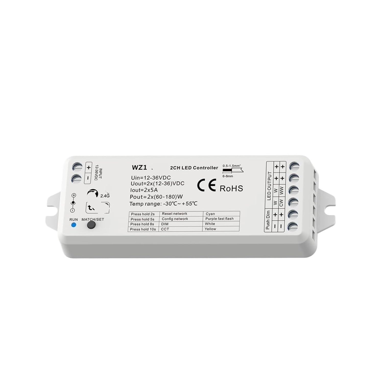 Dimmer 12V DC 24V 36V 2CH 10A Dimmer Switch 2.4G for CCT Single Color Light Strip WZ1