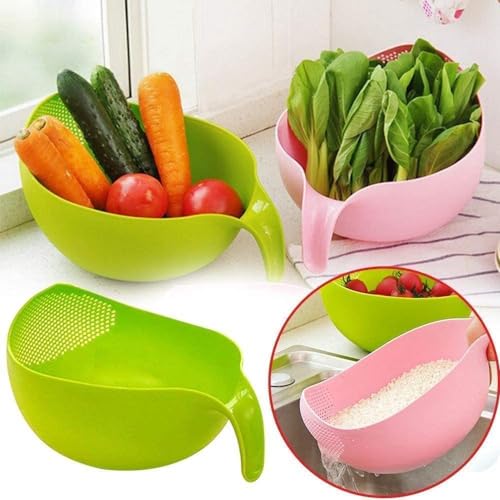Image of RICH MORE Plastic Rice Washing Bowl with Strainer, Green, 11x6x5 inch, Kitchen Colander with Handle