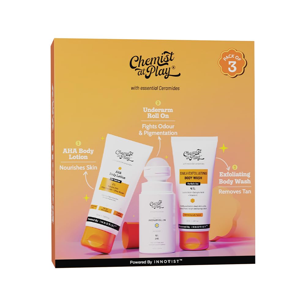 Chemist At Play Exfoliating Kit | Exfoliating Body Wash Removes Tan | Underarm Roll On Fights Odour & Brightens Underarm | AHA Body Lotion Nourishes Skin | 140ml