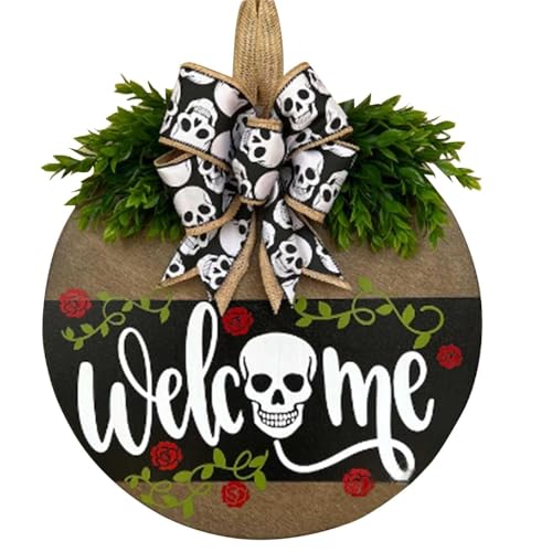 Halloween Door Sign Hanging Decorations for Front Door，Cute Halloween Ghost Skull Horror Pumpkin Decor Welcome Wood Wreaths for Farmhouse Porch Wall Home Party Supplies (Rose Skull)