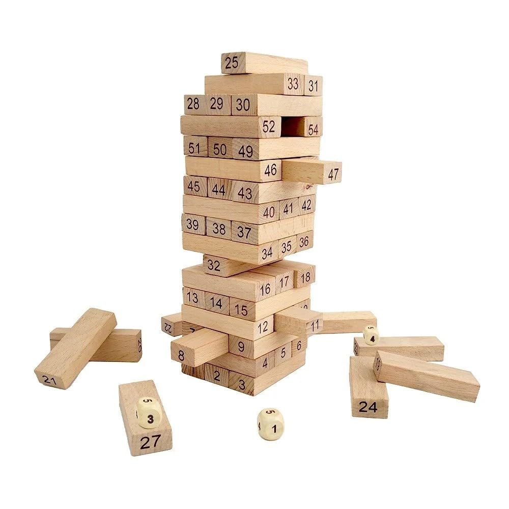 Braintastic Wooden Block Game for Indoor Balancing & Building Game Stacking Activity Tower Block, 54 Blocks with 2 Dice | Stacking Puzzle Game for Kids & Adults (Number Block Stacking-Small 48 pcs)