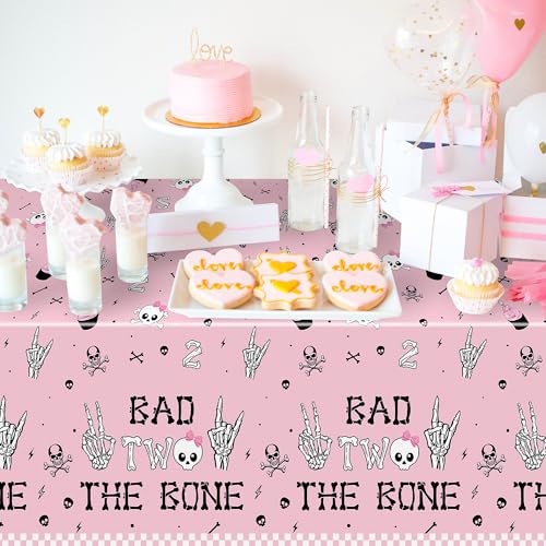 Image of K1tpde 3PCS Bad Two The Bone Party Tablecloth for Girls, Music Themed 2nd Pink Plastic Tablecloth, Rock and Roll 2nd Disposable Table Covers for Birthday Decoration, Bad To The Skeleton Party Supplies