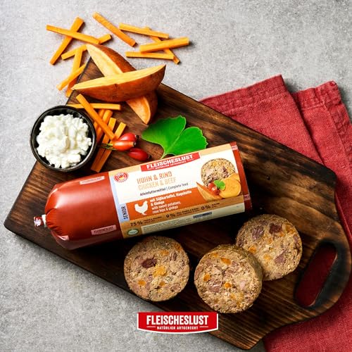 Fleischeslust Hundewurst | Senior Huhn & Rind mit Süßkartoffel, Hagebutte & Ginkgo | Futterbox (6x800g) | Nassfutter | schnittfest | getreidefrei | Alleinfuttermittel für ältere Hunde