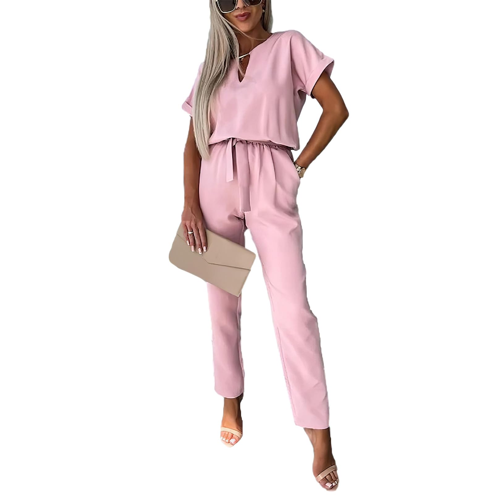 amropi Mono de Manga Corta para Mujer Cuello V Mono de Verano Elegante Pantalones con Cinturón