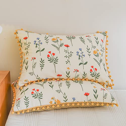 Pom Pom Bedding Floral Duvet Cover Set Yellow Red Flowers Colorful Floral Botanical Printed French Country Farmhouse Bedding Sets Queen With 2 Pillowcases (Queen, Colorful) #TOP2